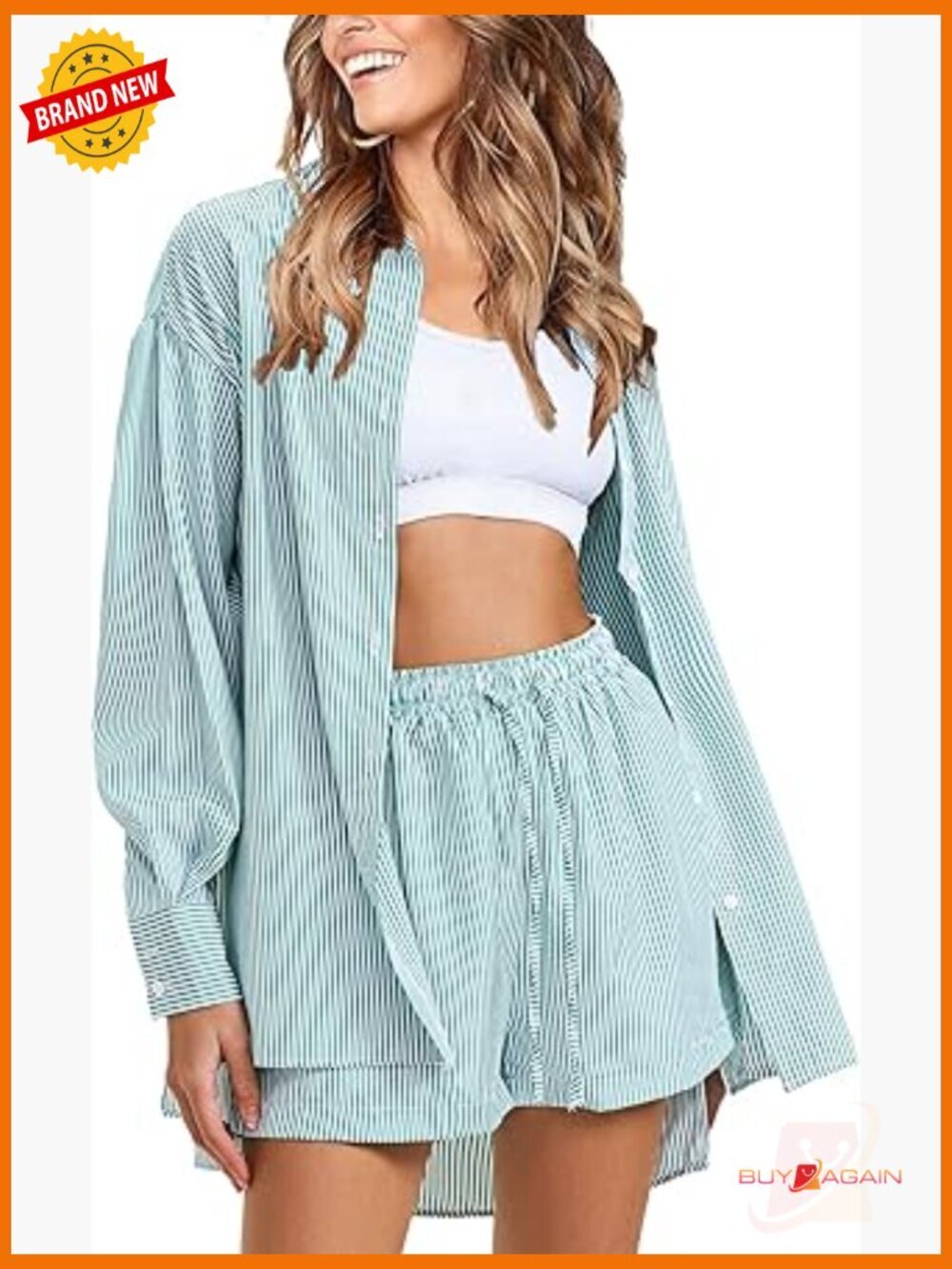Cotton Two Piece Short Set Long Sleeve Button Down Shirt